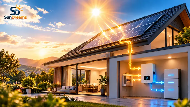 Casa con impianto fotovoltaico, inverter e accumulo illuminata dal sole al tramonto